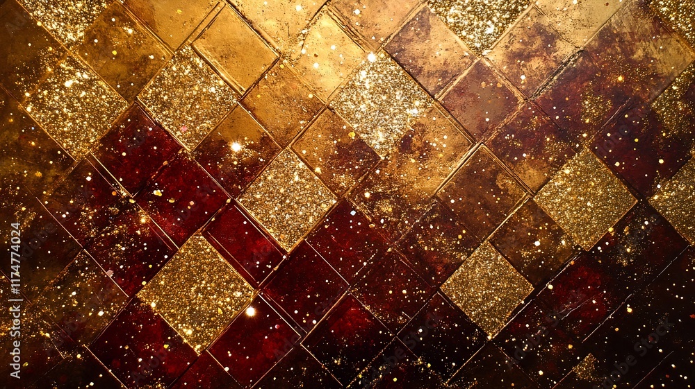 Poster a captivating abstract background featuring a mesmerizing mosaic of golden and crimson geometric sha