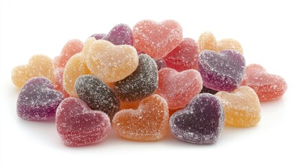 A pile of heart-shaped chewy candies in vibrant colors, isolated on white, symbolizing sweetness and romantic celebration.