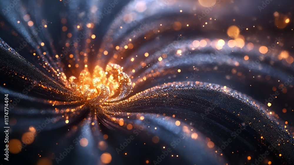 Poster radiant cosmic swirl of shimmering glittering particles in vivid motion creating a mesmerizing displ