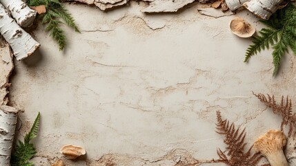 Neutral-toned background featuring birch bark, dried ferns, and mushrooms. Perfect for autumn or nature-themed projects.