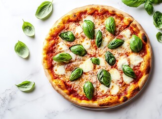 Photo of a Neapolitan pizza with mozzarella and basil on a white marble background, top view.