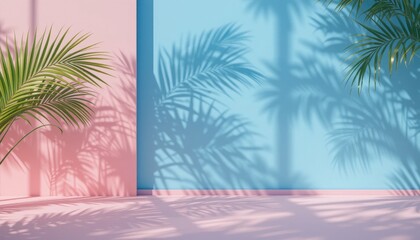 In a lively setting, palm tree shadows stretch gracefully across pink and blue walls, creating a stunning interplay of color and nature that invites a feeling of relaxation