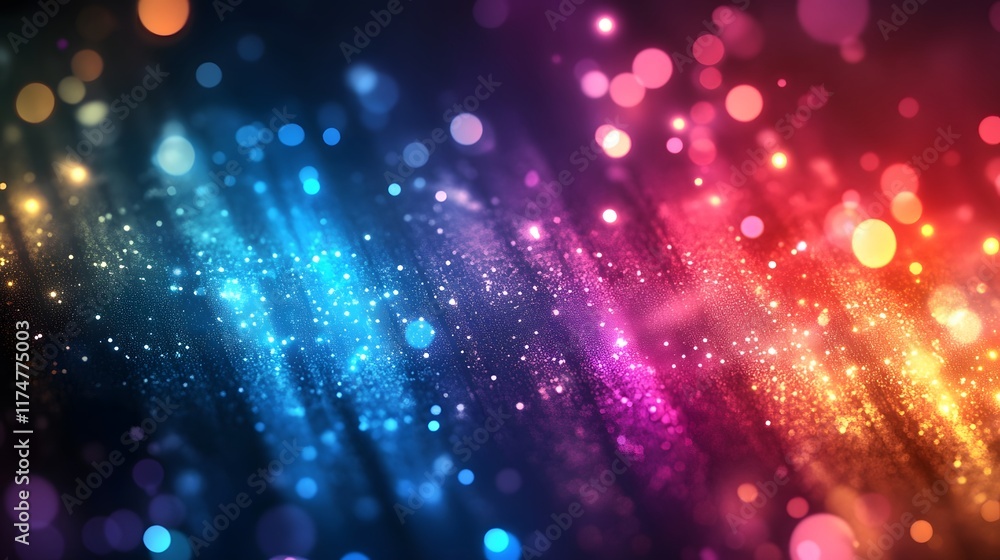 Poster vibrant multicolored glitter particles and dazzling bokeh lights creating a mesmerizing abstract bac