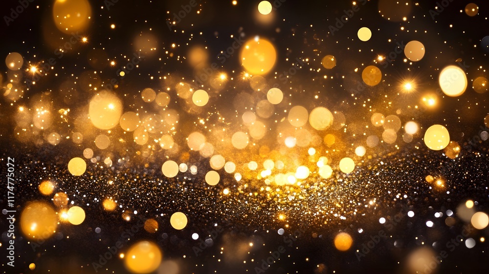 Poster shimmering golden glitter and bokeh lights on a dark abstract background creating a magical festive 