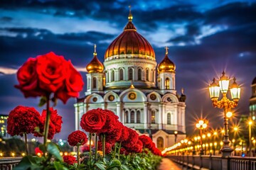 Obraz premium Cathedral of Christ the Savior Moscow Night Low Light Red Roses