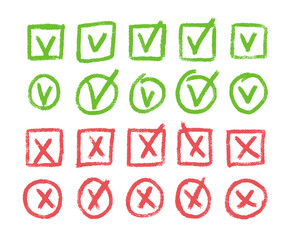 Set of checkboxes. Tick and check marks pack. Cross and v sign pencil drawn. Correct and wrong symbols. Vector doodle collection illustration isolated on white background.