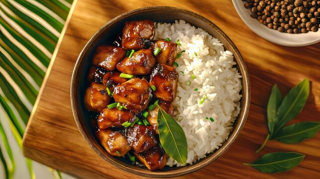 Adobo chicken with rice, spices and bay leaves in bowl
