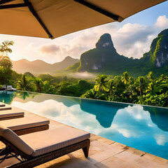 outdoor pool terrace of luxurious villa offers a breathtaking panoramic view of lush tropical landscape, with vibrant colors of sunrise casting a golden glow over tranquil