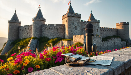 Classic tour headset with microphone on a stone bench with a guidebook and folded map in front of a castle
