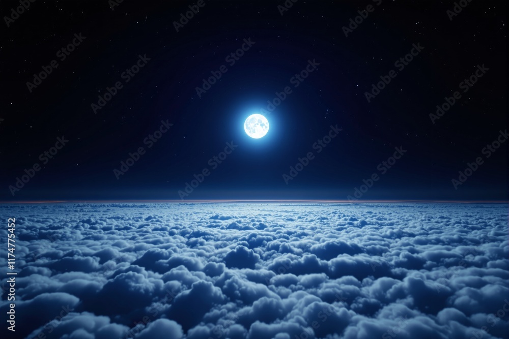 Poster full moon glowing over a sea of clouds under a starry night sky, creating a serene and ethereal atmo