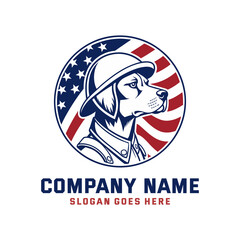 Patriotic Dog in Military Helmet with USA Flag Background Logo Design
