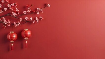 Vibrant red backdrop with cherry blossoms and a Chinese lantern. Happy Chinese and Lunar New Year concept. AI Generative.