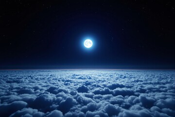 Full moon glowing over a sea of clouds under a starry night sky, creating a serene and ethereal atmosphere, concept of tranquility. Ai generative