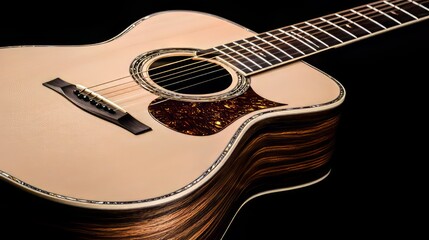 Fototapeta premium Acoustic guitar lying on black background showing wood grain and pickguard