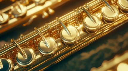 Obraz premium Golden flute keys gleaming under warm light: musical instrument close-up
