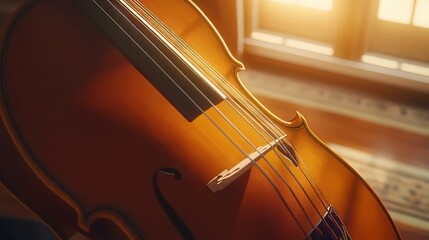 Cello strings and bridge reflecting warm sunlight from nearby window