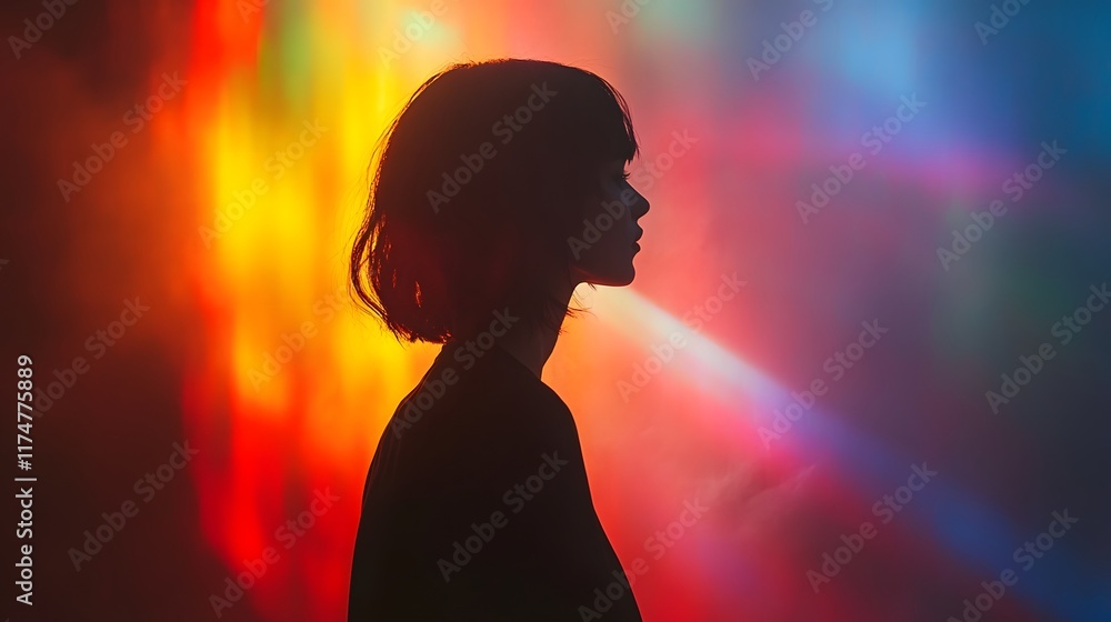 Poster mysterious silhouette profile surrounded by vibrant neon lights and hazy atmospheric background crea
