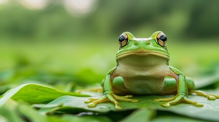 Naklejka premium A close-up of a green frog sitting on lush green leaves, showcasing its vibrant color and unique features in a natural setting.