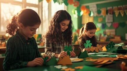 Schoolgirls making saint patrick's day decorations in classroom