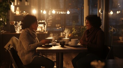 Two friends enjoying hot drinks in cozy cafe at night
