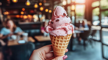 chocolate ice cream in hand