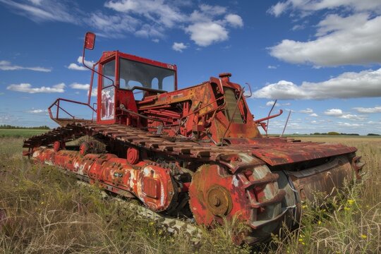 Old red tractor is rusting away in a farm field, showing the effects of time and weather
