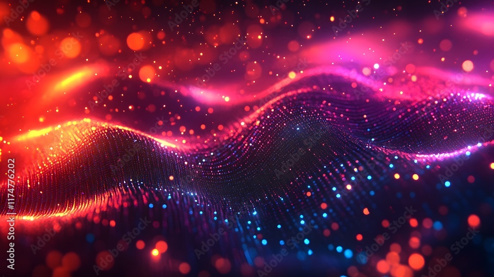 Poster Mesmerizing abstract background with dynamic luminous fluid patterns flowing and pulsing through a surreal cosmic landscape  Glowing particles waves and lines create a futuristic