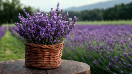Fototapeta premium Vibrant Lavender Flowers in a Rustic Woven Basket with a Scenic Field in the Background Capturing Nature's Beauty and Serenity