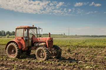 Obraz premium Old red tractor is standing on a plowed field after a day of work