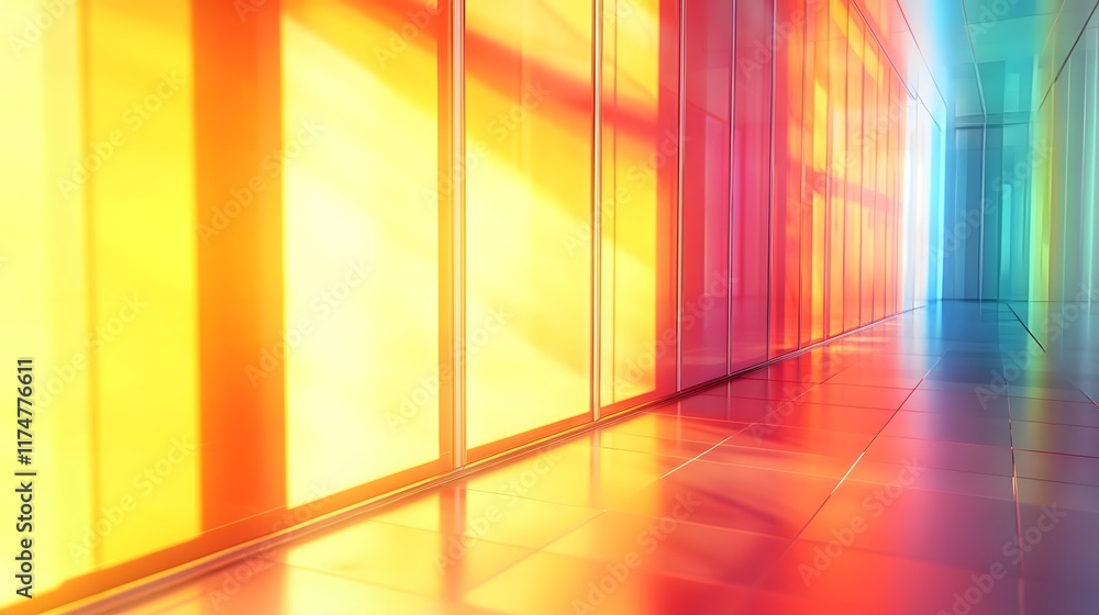 Poster vibrant and dynamic geometric corridor with multicolored lighting effects showcasing a modern and mi
