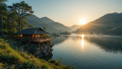 Fototapeta premium A serene lakeside cabin rests on a rocky outcrop as the sun rises, casting golden rays over misty mountains and reflecting on the still water, creating a peaceful ambiance in nature