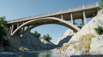 A concrete arch bridge spanning a dry riverbed under a clear sky.