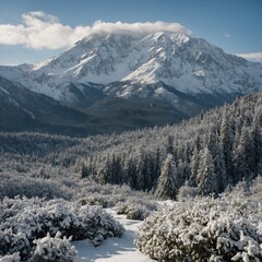 A forest covered in light snow with towering white-capped mountains behind.