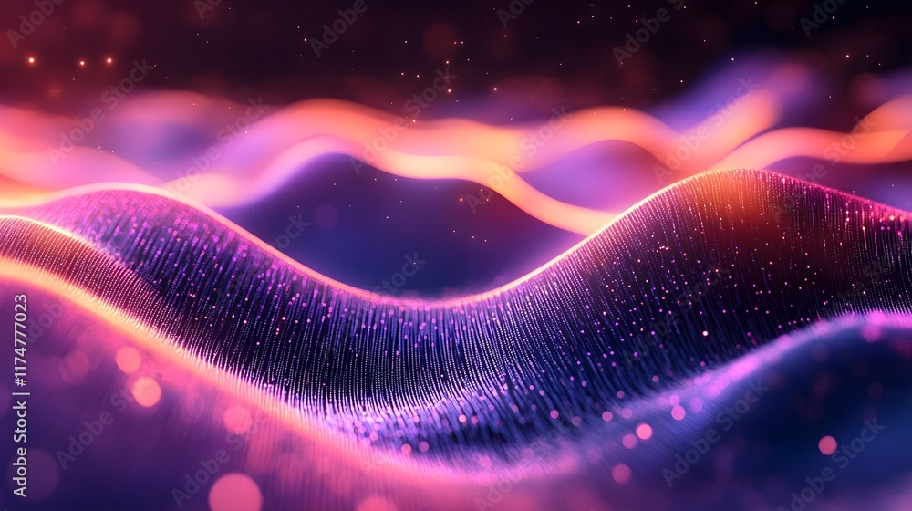 Poster captivating digital landscape with vibrant glowing waves and shimmering lights creating a futuristic