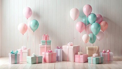 Pastel Celebration A Delicate Arrangement of Presents and Balloons Against a White Paneled Wall
