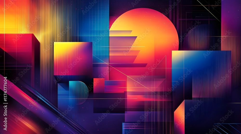Poster striking and modern abstract digital artwork featuring a dynamic composition of various geometric sh