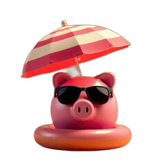 Piggy relaxing under beach umbrella, summer fun.