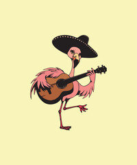 Pink Flamingo Playing Guitar in a Sombrero - Fun Cartoon Illustration