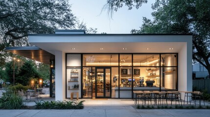 Fototapeta premium A chic single-story coffee shop exterior with a white tone, modern lighting fixtures, and a sidewalk seating area.