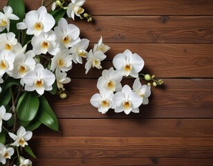 Top view of white orchid flowers on a wooden surface, Botanical, Table
