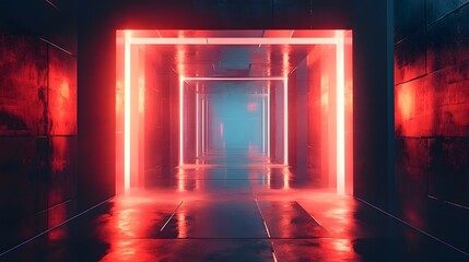 Captivating 3D render of a futuristic neon lit geometric hallway with dramatic reflections on the floor and symmetrical perspective leading to a vanishing point  The minimalist