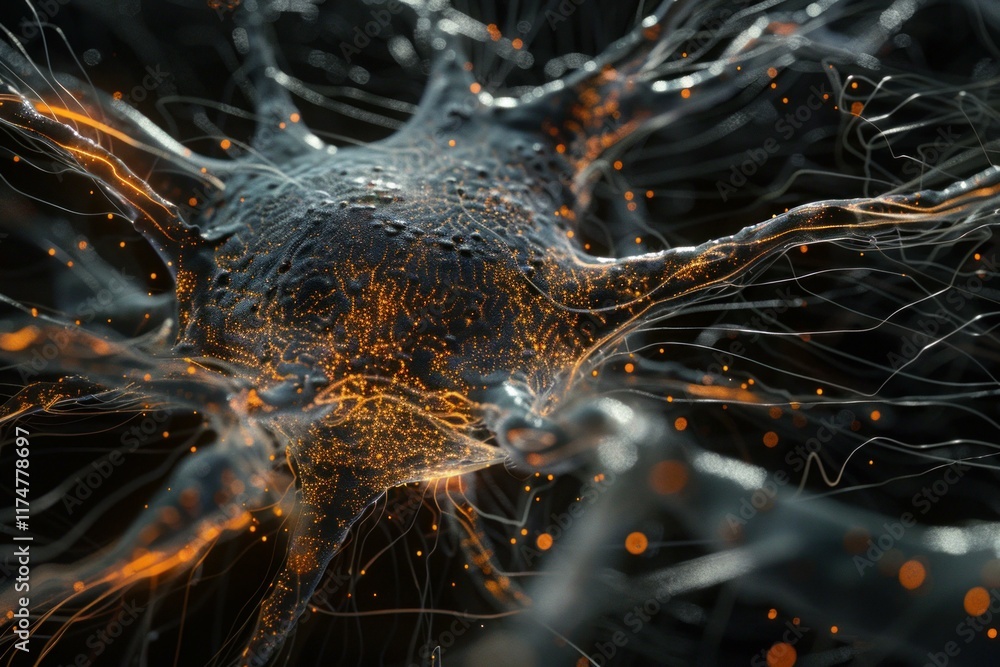 Poster 3d rendering of a neuron firing with electrical activity through synapses
