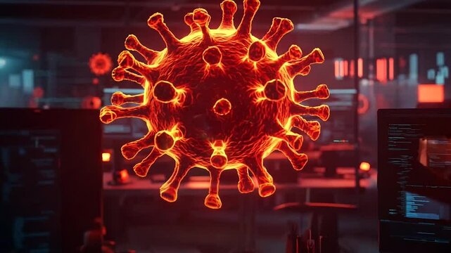 A conceptual visualization of a cyber virus spreading through a digital workspace. Glowing red virus shapes hover amid computer screens filled with code, symbolizing digital threats, cybersecurity 