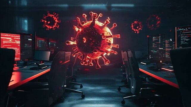 A conceptual visualization of a cyber virus spreading through a digital workspace. Glowing red virus shapes hover amid computer screens filled with code, symbolizing digital threats, cybersecurity 