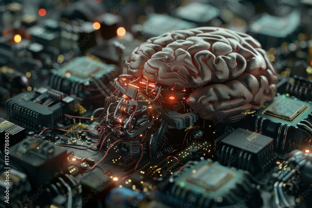 Poster 3d render of a human brain connected to a circuit board representing artificial intelligence