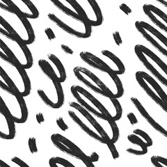 Abstract swirled lines seamless pattern. Curved grunge stroke endless background. Wavy black brush ink shapes repeat cover. Tribal continuous ornament. Confetti vector hand drawn monochrome motif.