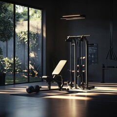 Obraz premium Modern Home Gym with Weight Bench and Cable Machine