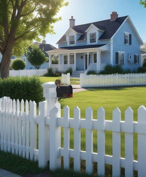 Traditional white picket fence with mailbox in front of a blue sky backdrop, picket fence panel, suburban living, traditional