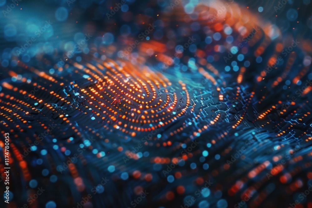 Poster fingerprint glowing on a futuristic circuit board with data flowing, concept of digital security