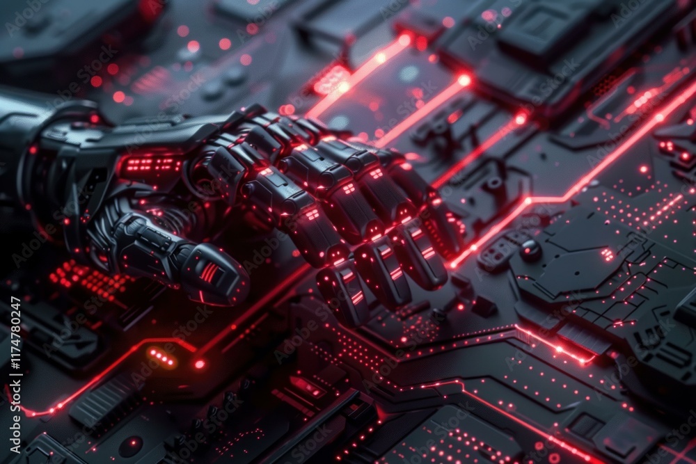 Poster robotic hand is resting on a circuit board with red lights, evoking advanced technology and innovati